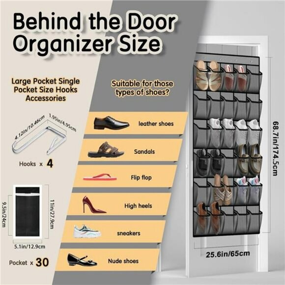 Over Door Shoe Organizer 30 Pocket Hanging Closet Storage Rack Space Saver - Picture 3 of 7